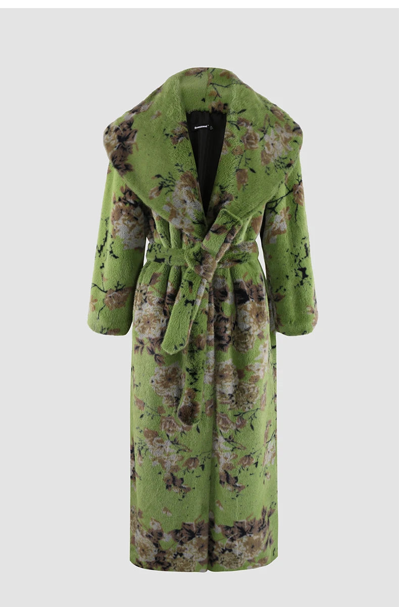 Green Floral Longline Faux Fur Coat