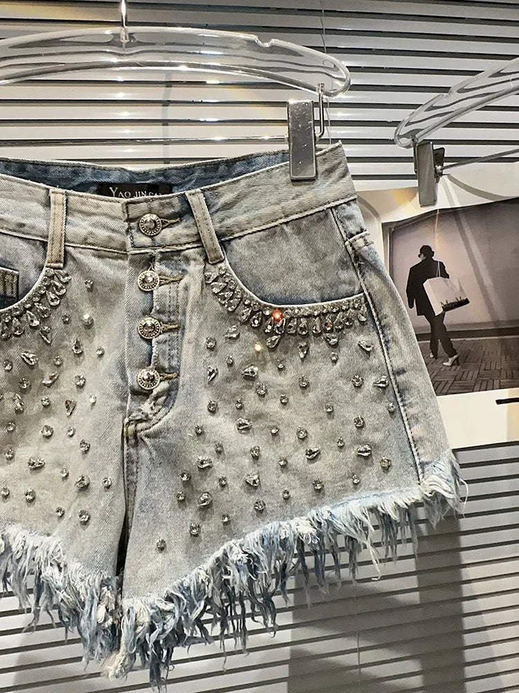 Denim Rhinestone Frayed Shorts - Festigal