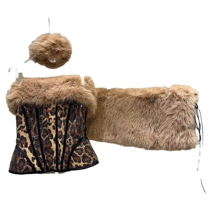 Leopard Print & Faux Fur Three Piece Set - Festigal