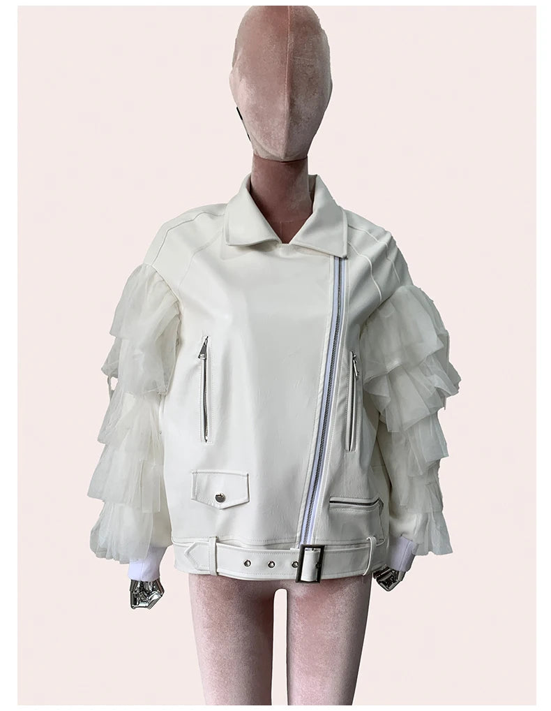 Faux Leather Ruffle Sleeve Jacket - Festigal