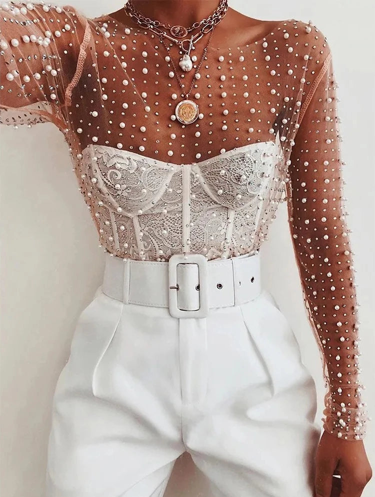 Mesh Pearl Embellished Long Sleeved Top - Festigal