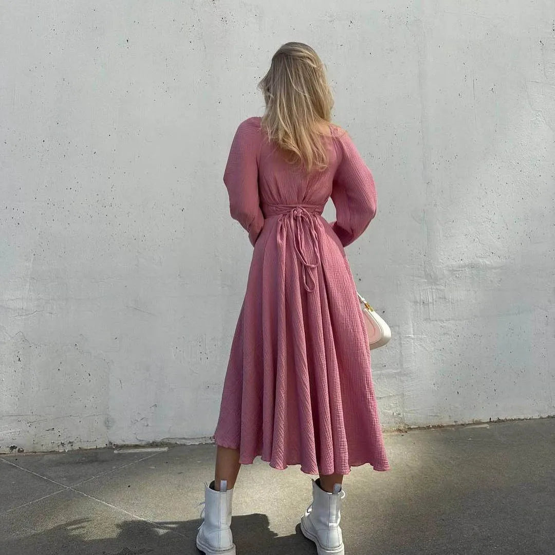 Lace-Up Lantern Sleeve Midi Dress