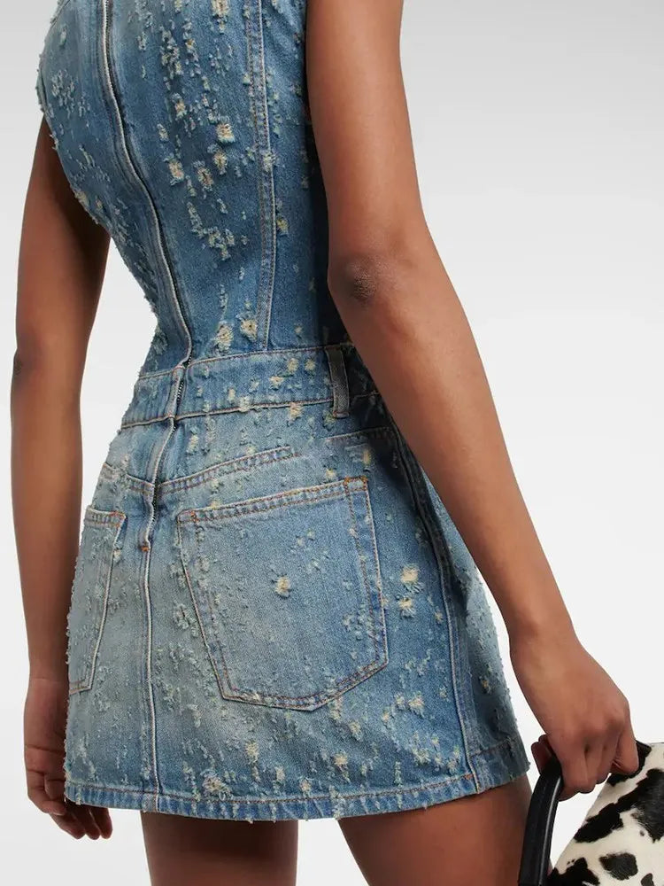 Distressed Denim A-Line Dress