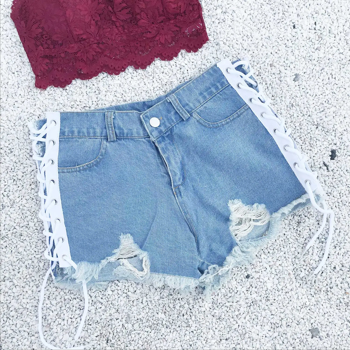 Lace Up Denim Shorts