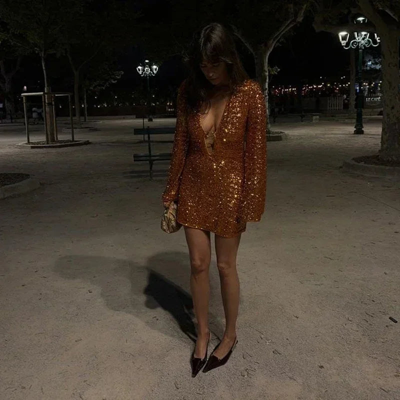 Hollow Out Deep V Neck Sequin Dress