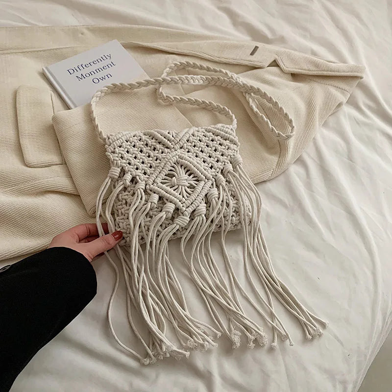 Fringed Woven Crochet Crossbody Bag - Festigal