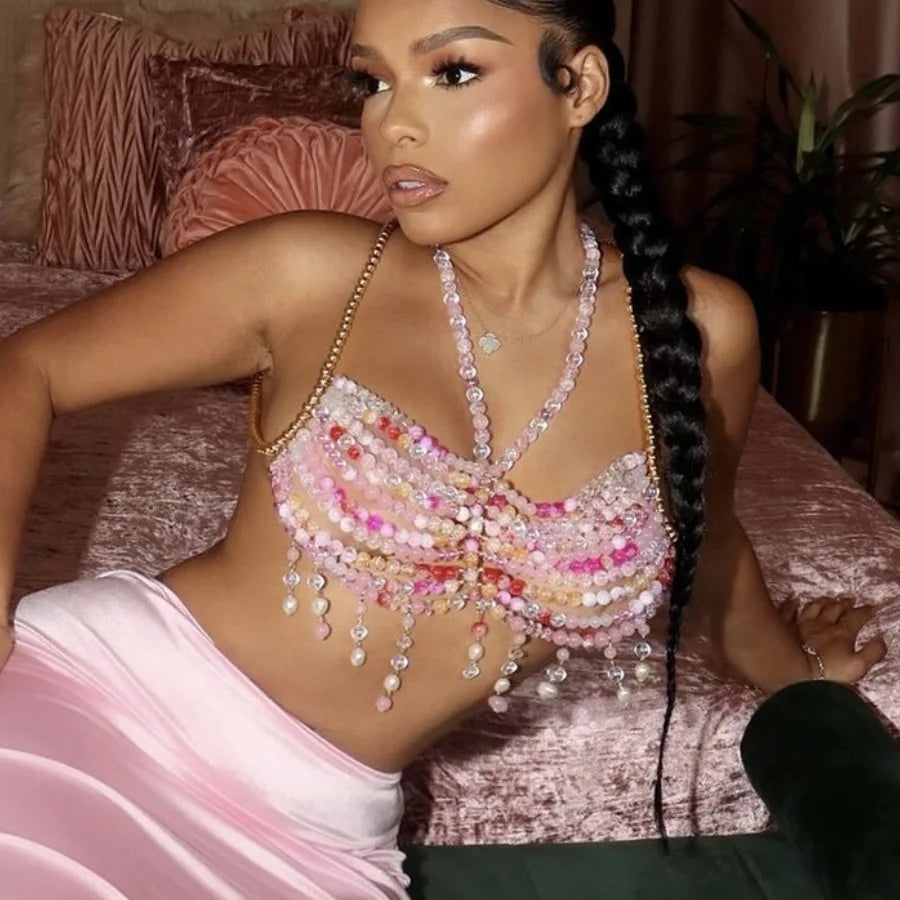 Beaded Tassel Chain Halter Neck Top