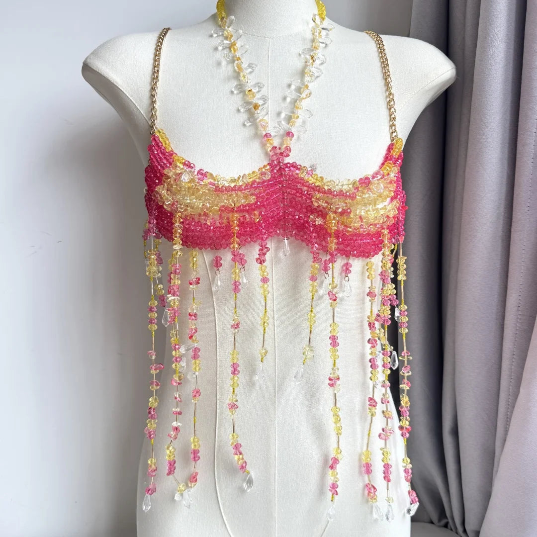 Beaded Tassel Chain Halter Neck Top