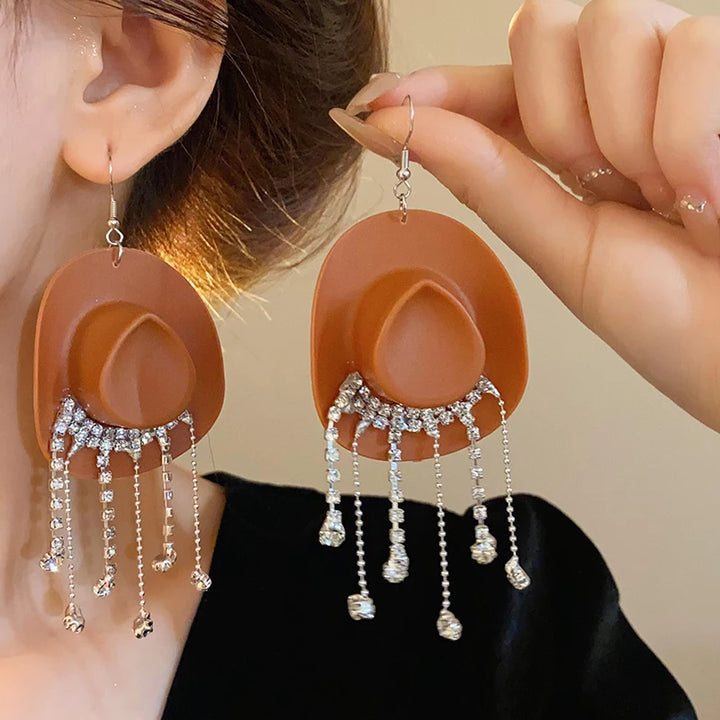 Rhinestone Cowgirl Hat Tassel Earrings