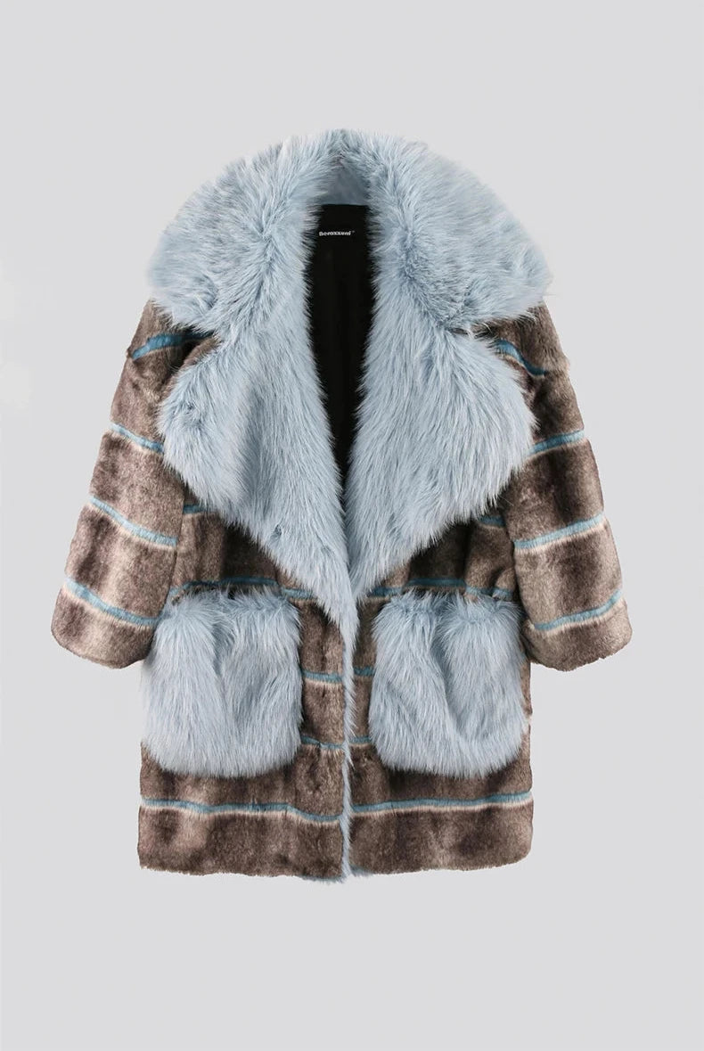 Grey and Blue Striped Faux Fur Coat - Festigal