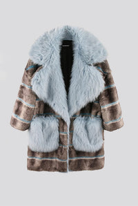 Grey and Blue Striped Faux Fur Coat