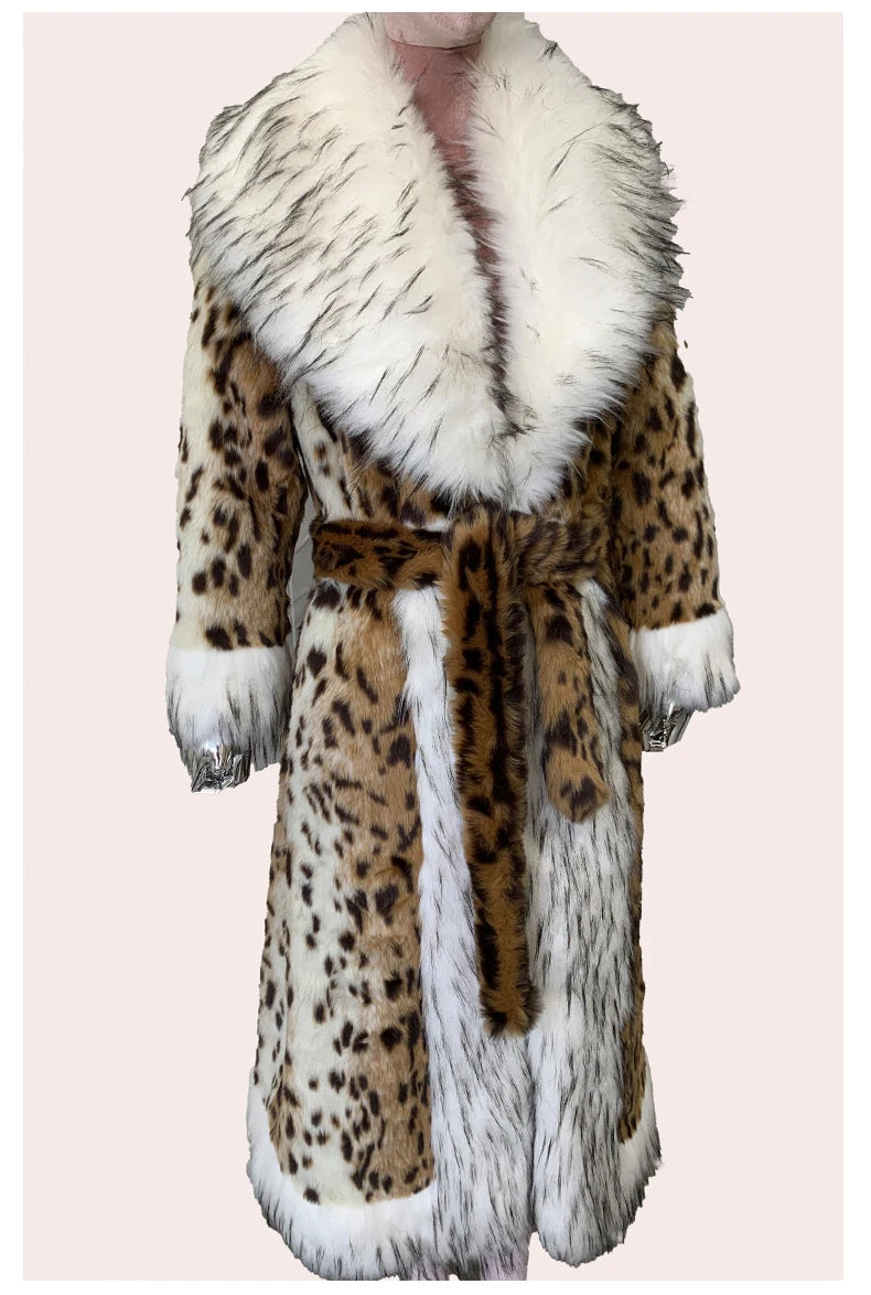 Long Faux Fur Leopard Print Coat - Festigal