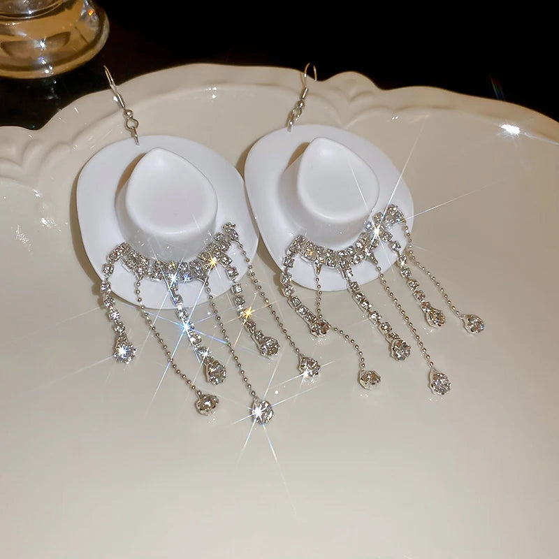 Rhinestone Cowgirl Hat Tassel Earrings