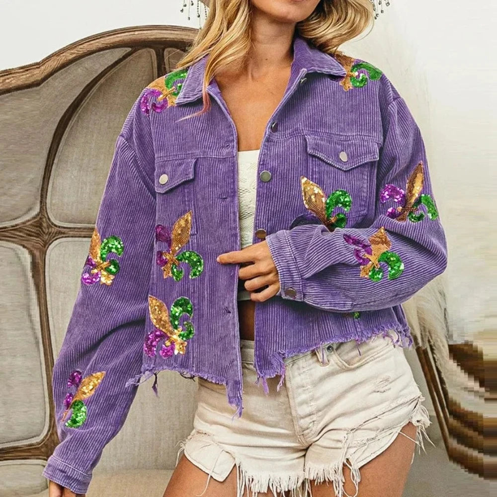 Floral Corduroy Casual Ripped Bomber Shirt -Jacket - Festigal