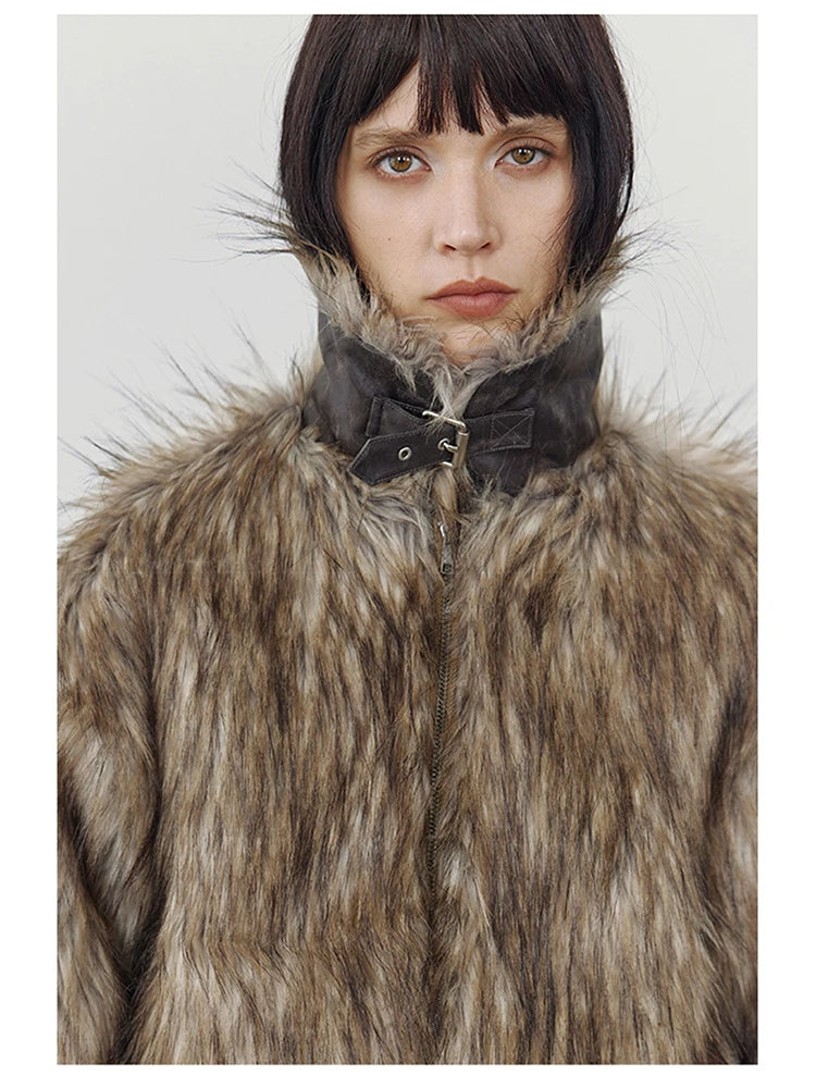 Brown Shaggy Faux Fur Coat - Festigal