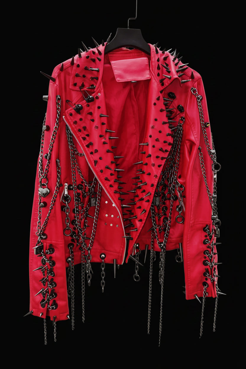 Red Faux Leather Spiked Jacket