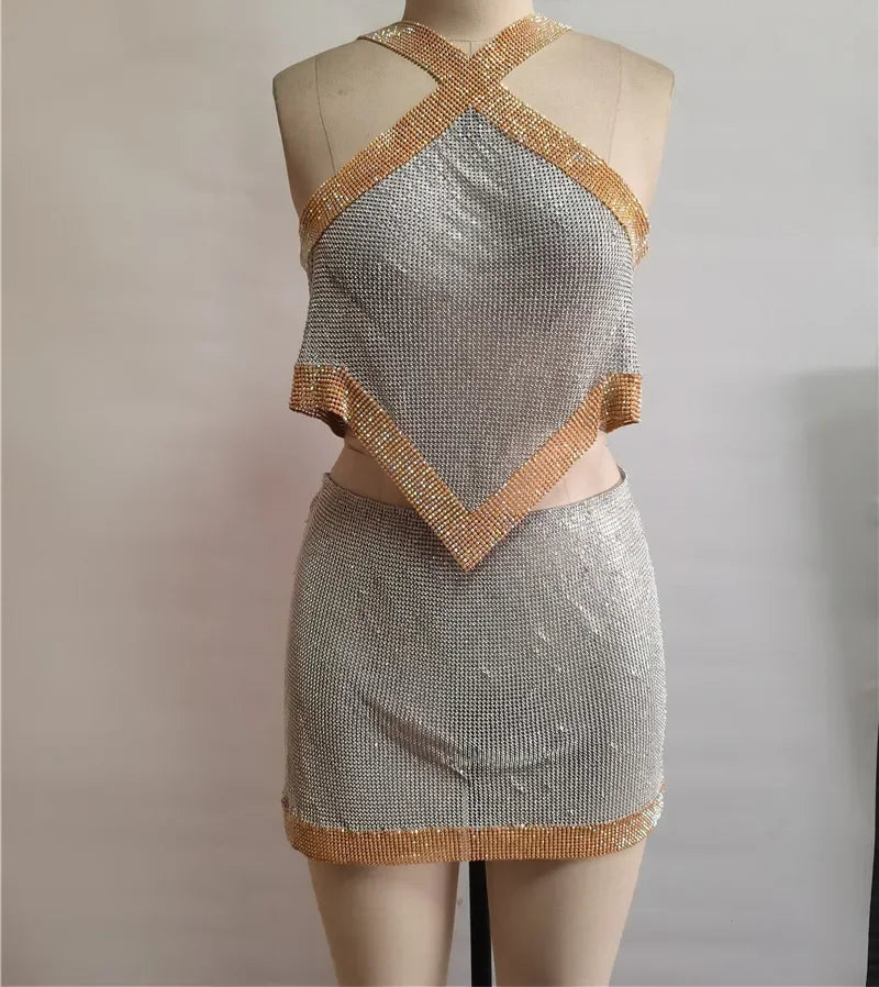 Metallic Sequin Asymmetrical Top & Skirt Set - Festigal
