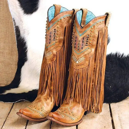 Tassel Embroidered Cowboy Boots - Festigal