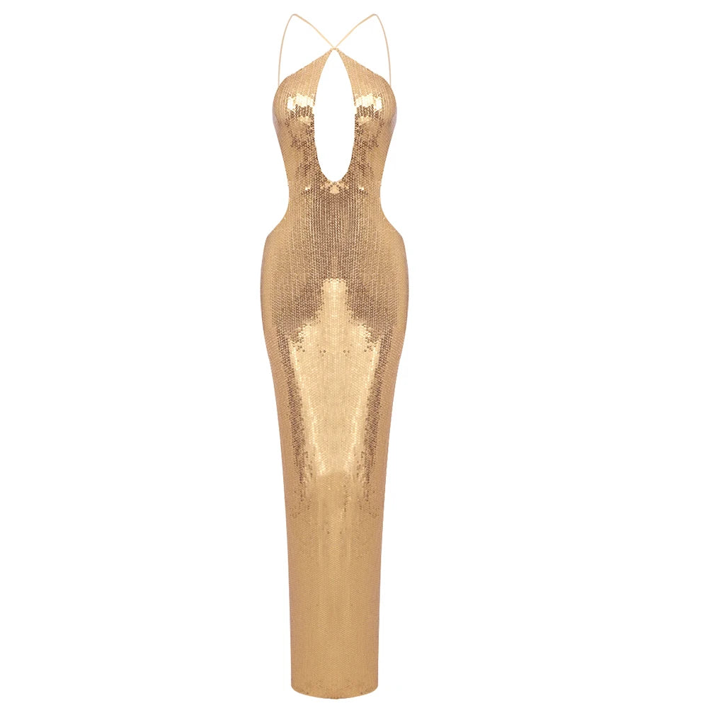 Gold Sequin Halterneck Maxi Dress