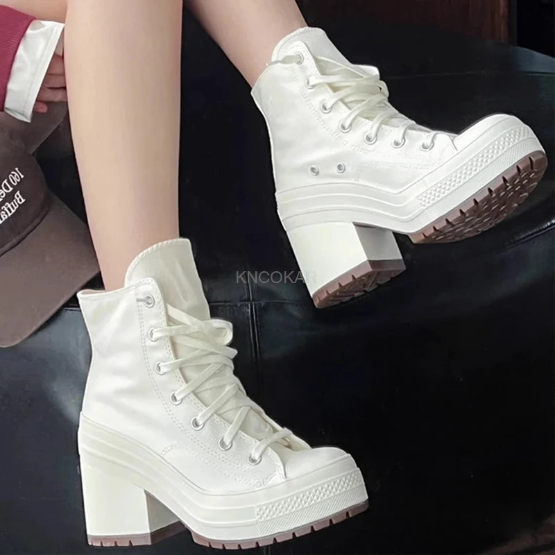 Canvas Heeled Lace Up Boots