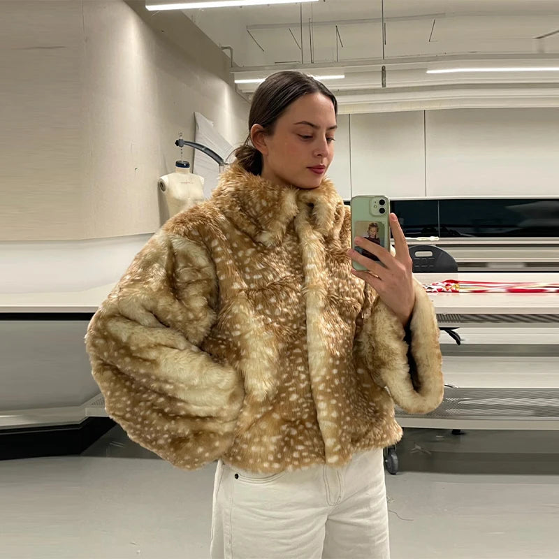 Faux Fur Deer Print Bomber Jacket