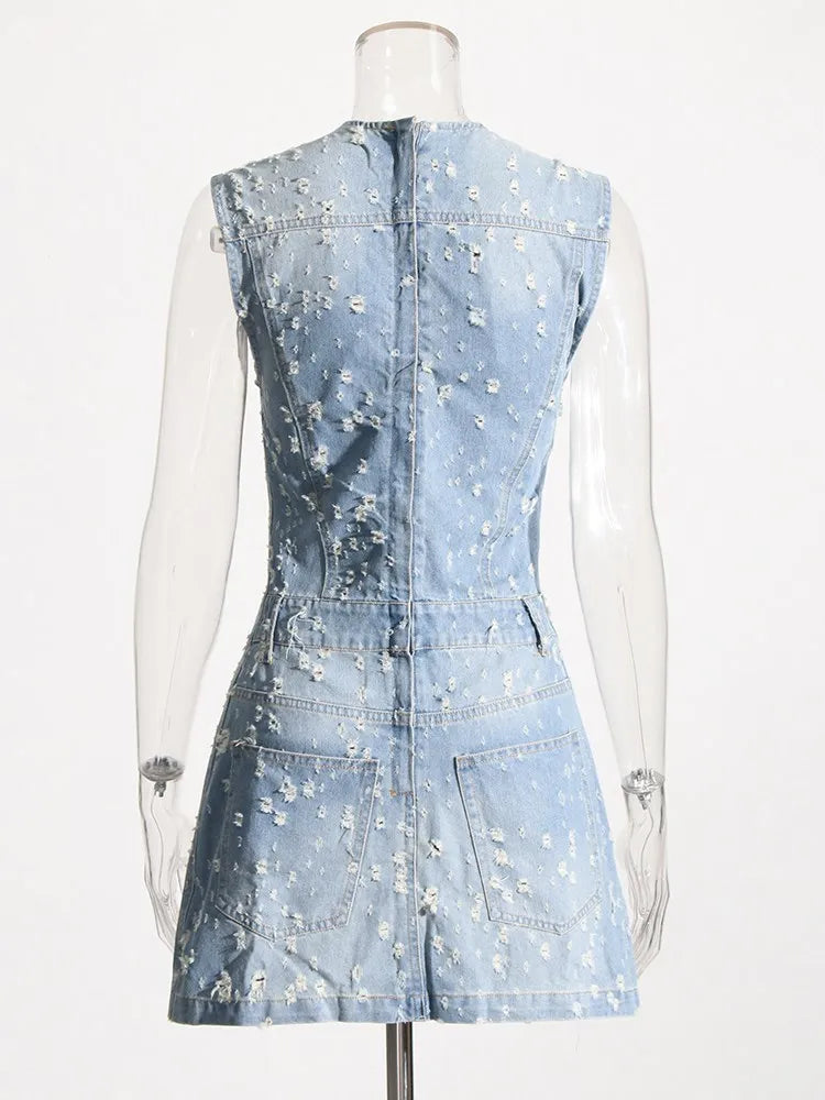 Distressed Denim A-Line Dress - Festigal