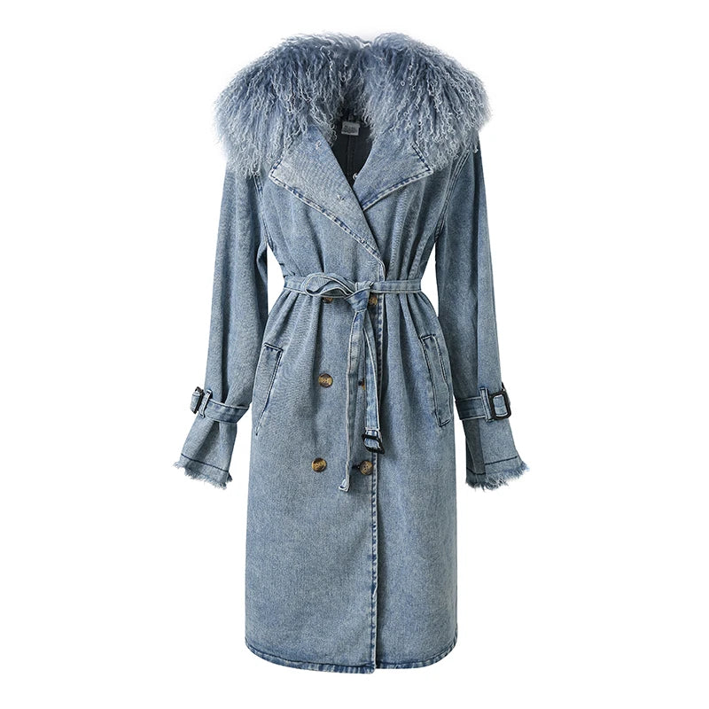 Mongolian Fur Collar Denim Trench Coat - Festigal