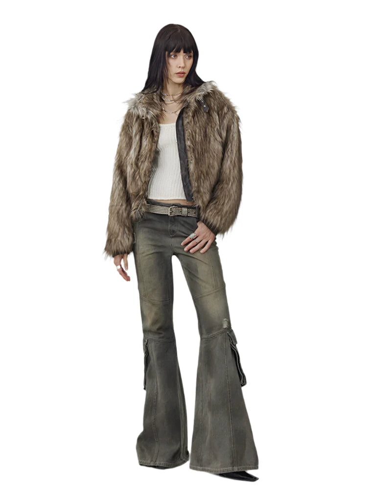 Brown Shaggy Faux Fur Coat - Festigal