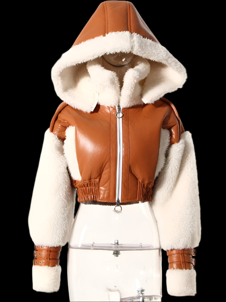 Faux Leather Patchwork Bomber Jacket - Festigal