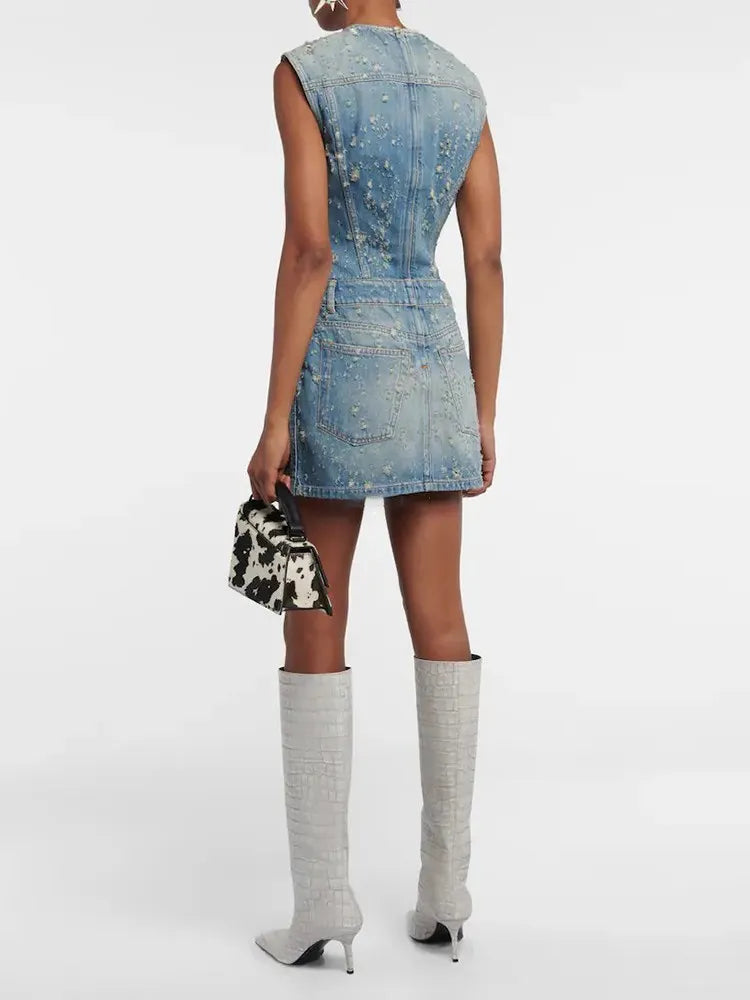 Distressed Denim A-Line Dress - Festigal