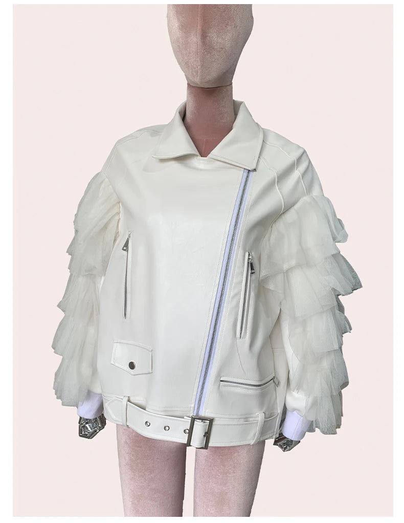 Faux Leather Ruffle Sleeve Jacket - Festigal