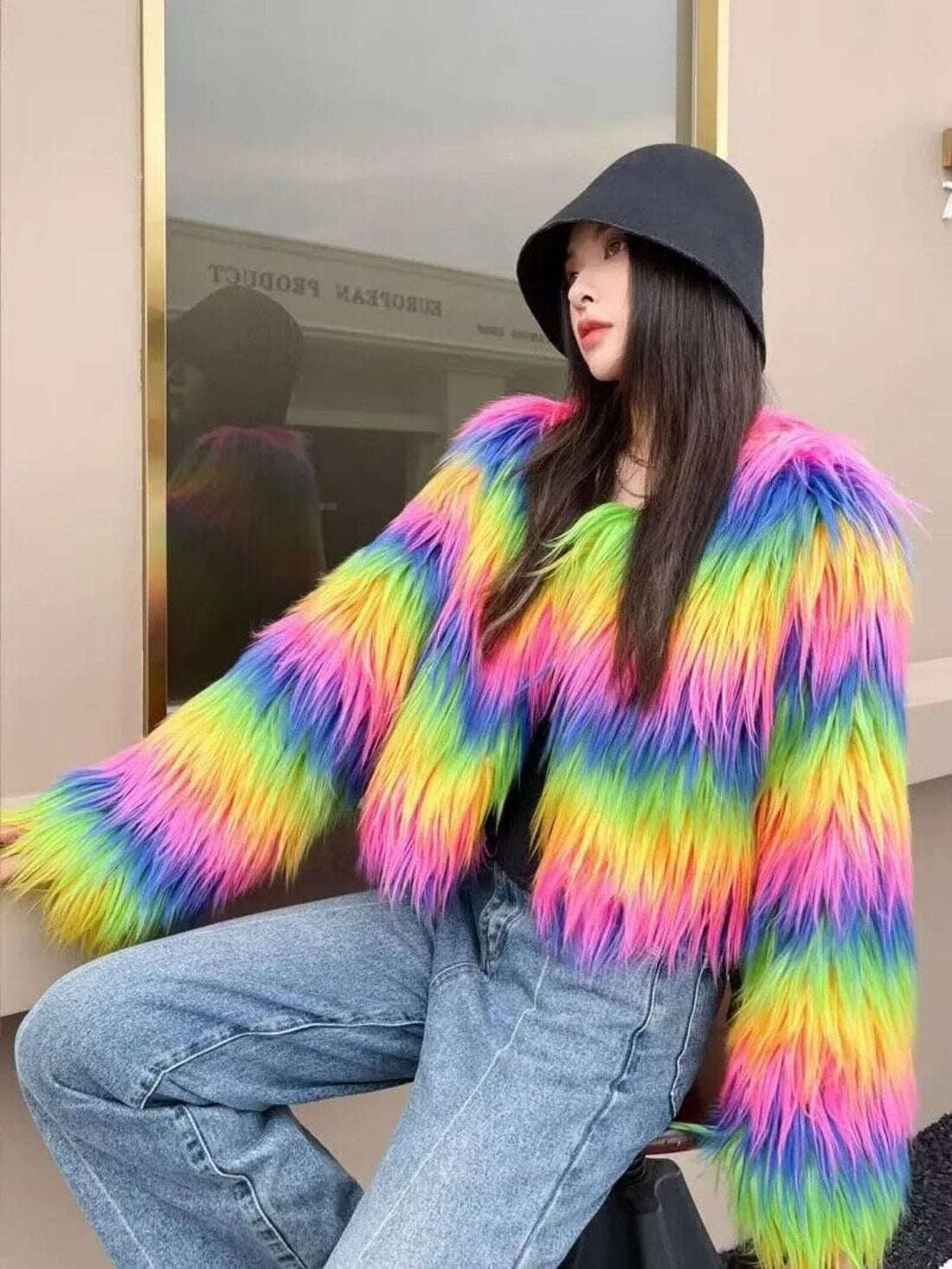 Rainbow Faux Fur Shaggy Coat - Festigal