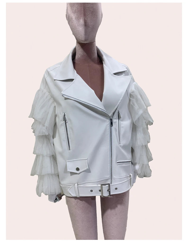Faux Leather Ruffle Sleeve Jacket - Festigal