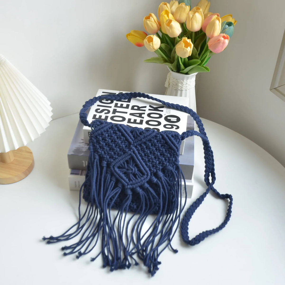 Fringed Woven Crochet Crossbody Bag