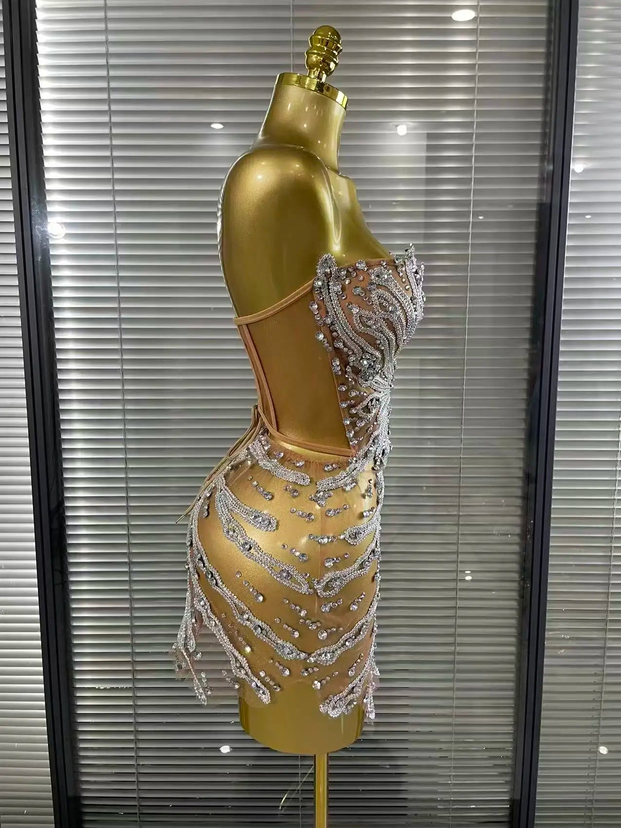 Rhinestone Mesh Strapless Dress