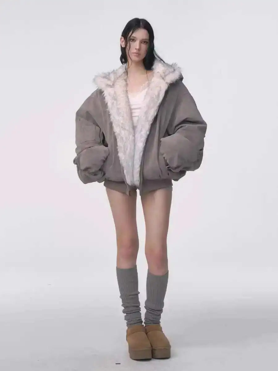 Reversible Grey Padded Faux Fur Jacket - Festigal