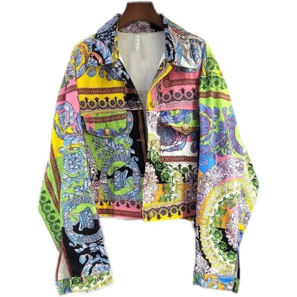 Multicoloured Abstract Print Classic Style Jacket - Festigal