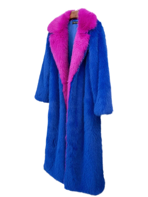 Blue and Pink Contrast Long Faux Fur Coat