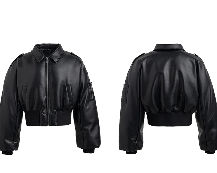 Black Faux Leather Bomber Jacket