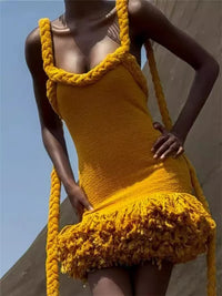 Orange Braided Fluffy Trim Dress