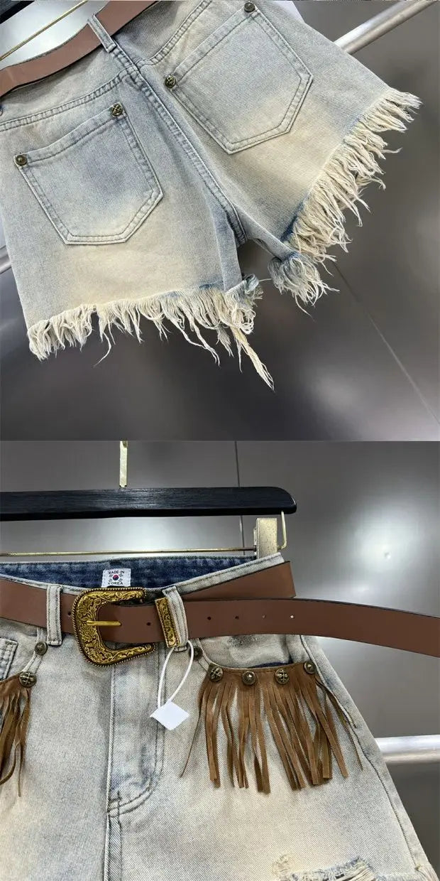 Denim Distressed Tassel Shorts