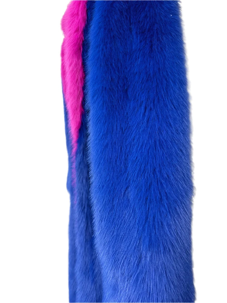 Blue and Pink Contrast Long Faux Fur Coat