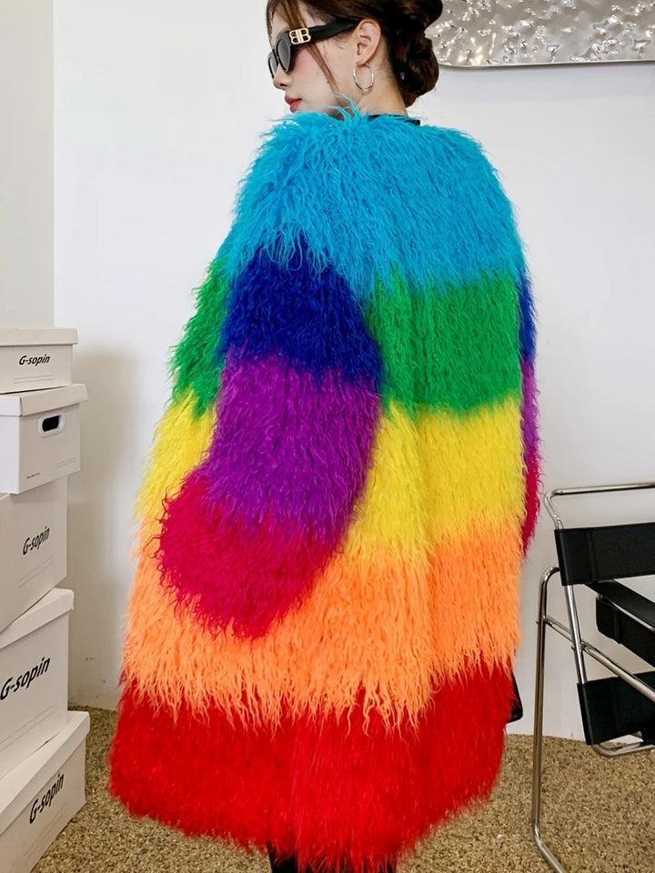 Rainbow Striped Faux Fur Coat - Festigal