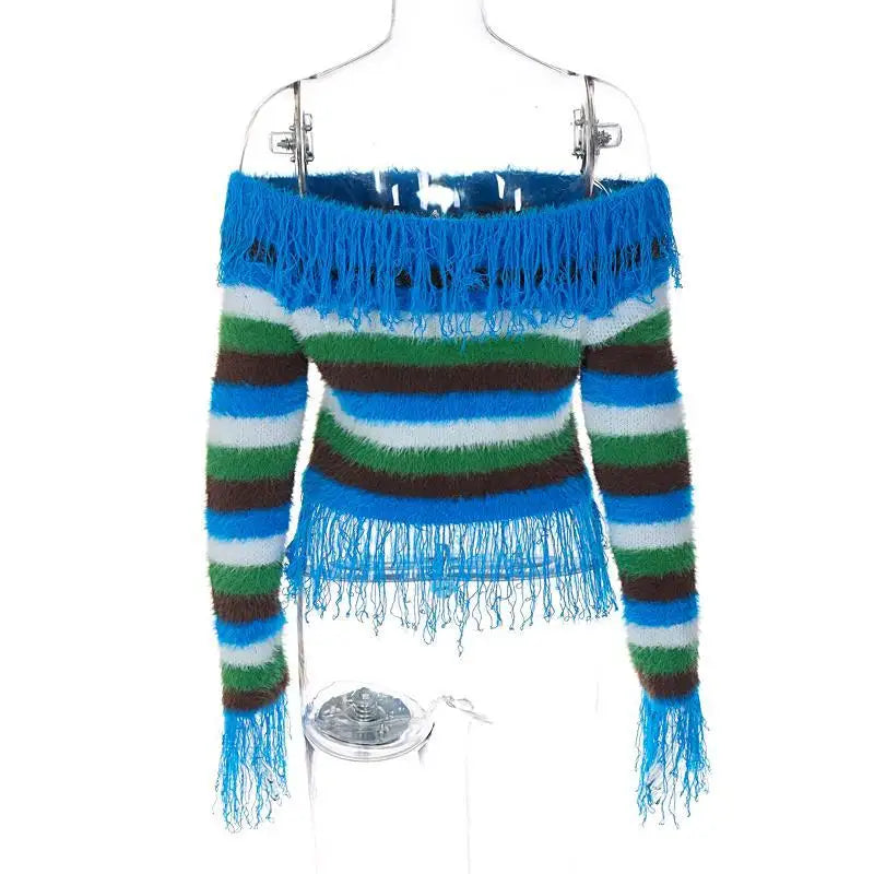 Unusual Slash-Neck Tasselled Cardigan - Festigal