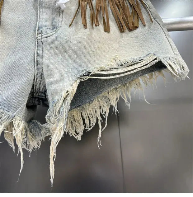 Denim Distressed Tassel Shorts