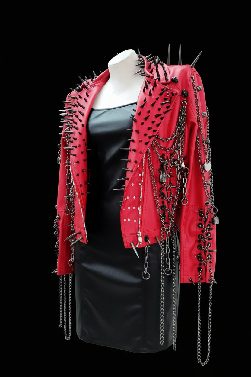 Red Faux Leather Spiked Jacket