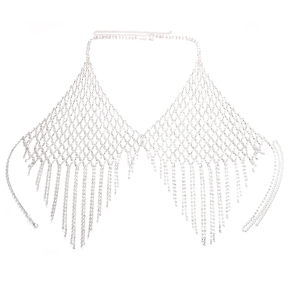 Rhinestone Tassel Harness Style Bralette Crop Top - Festigal