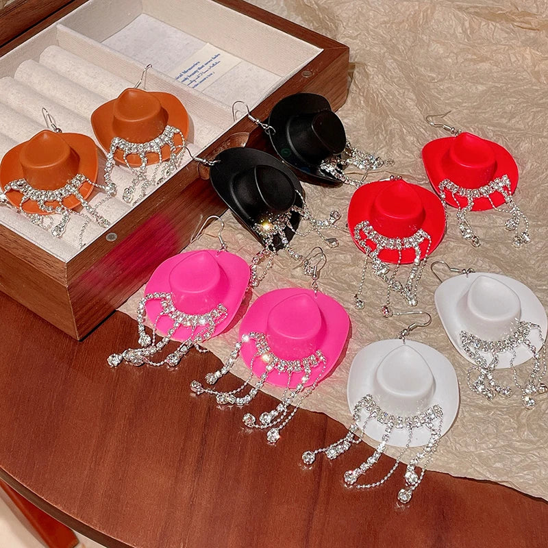 Rhinestone Cowgirl Hat Tassel Earrings
