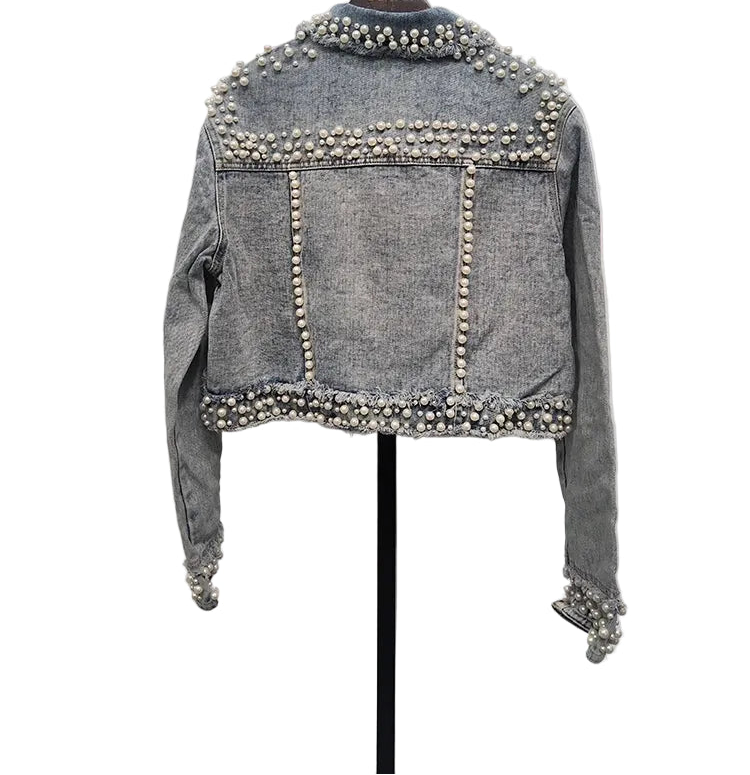 Pearl Gem Embellished Denim Jacket