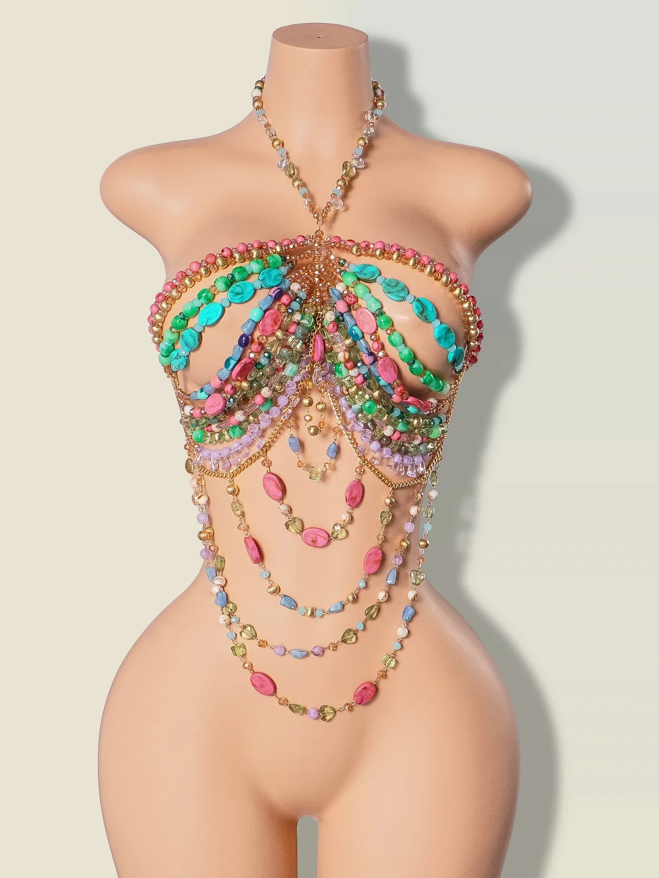 Beaded Tassel Chain Halter Neck Top